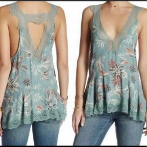 NWT Intimately Free People Seaglass Green Floral Bellflower Tank with Lace